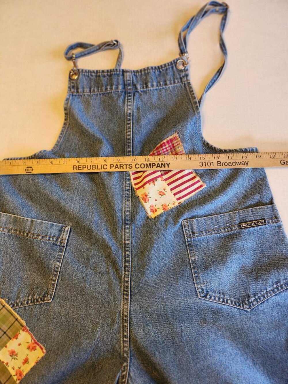 Vintage Watch L.A. 90s Patchwork Denim Streetwear Overalls XL Cottagecore Y2K - Picture 11 of 14